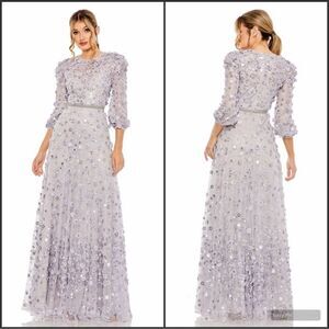 Mac Duggal Purple Floral Applique Puff Sleeve High Neck A-Line Gown Dress